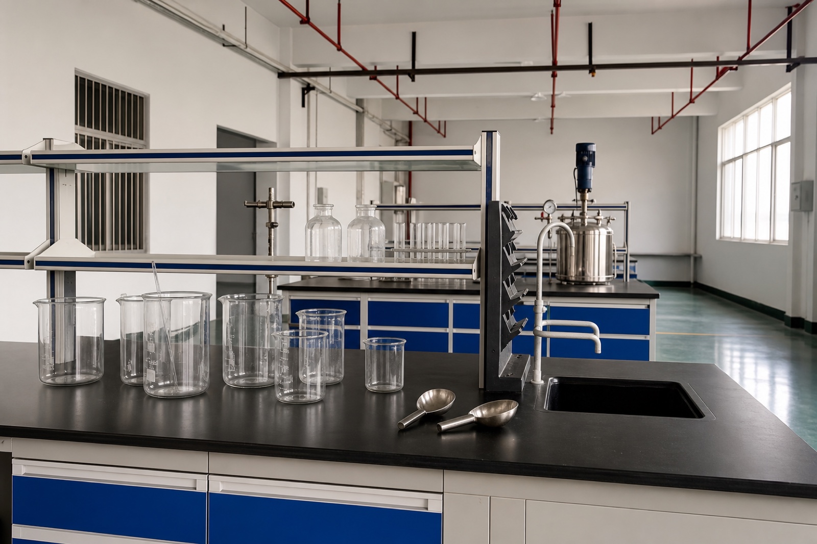 Photorealistic materials laboratory with a stainless-steel reactor, glassware, and mixing equipment for catalysis application context.