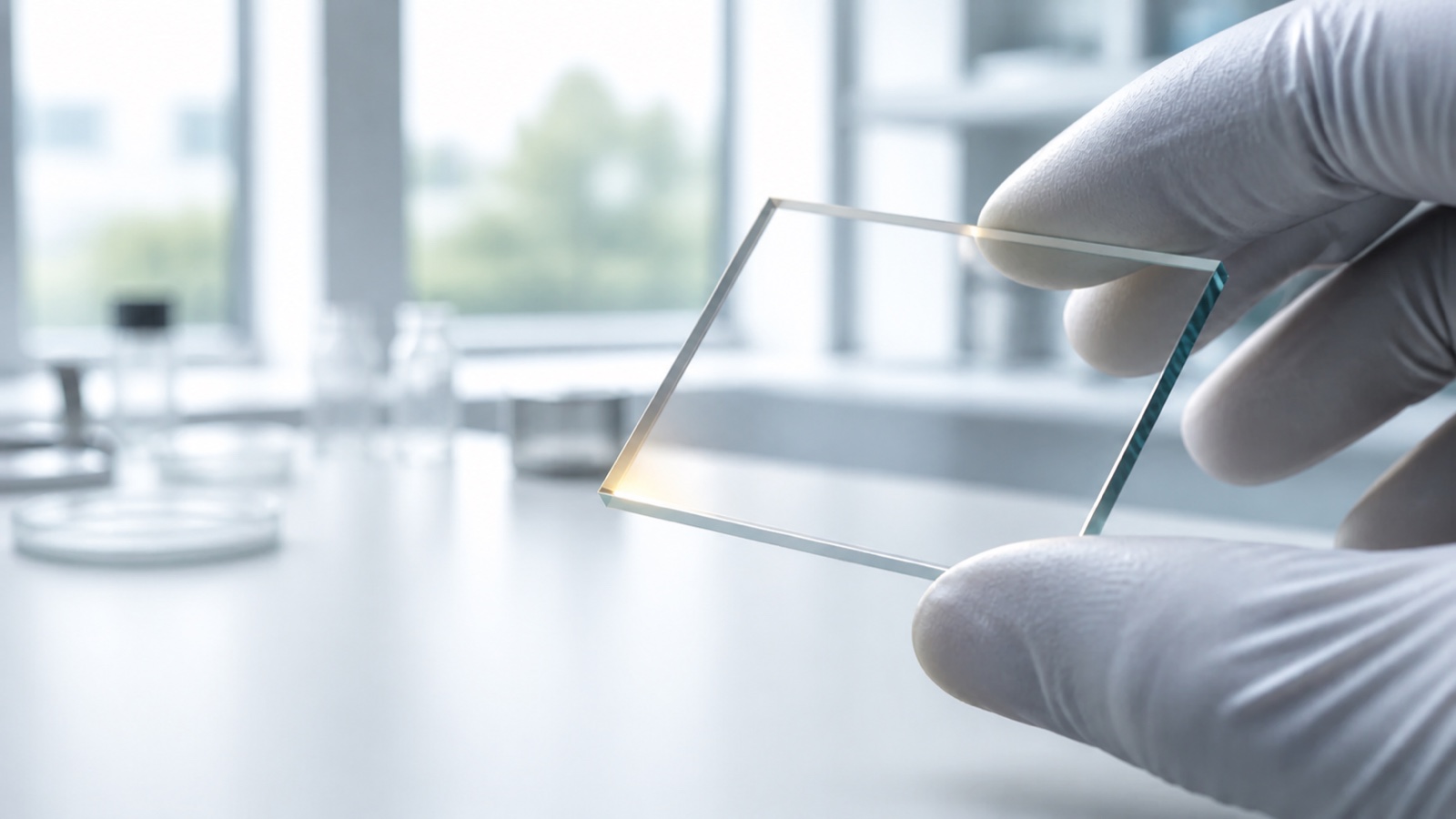 Photorealistic gloved hand holding a transparent glass coupon for infrared-shielding coating application context.