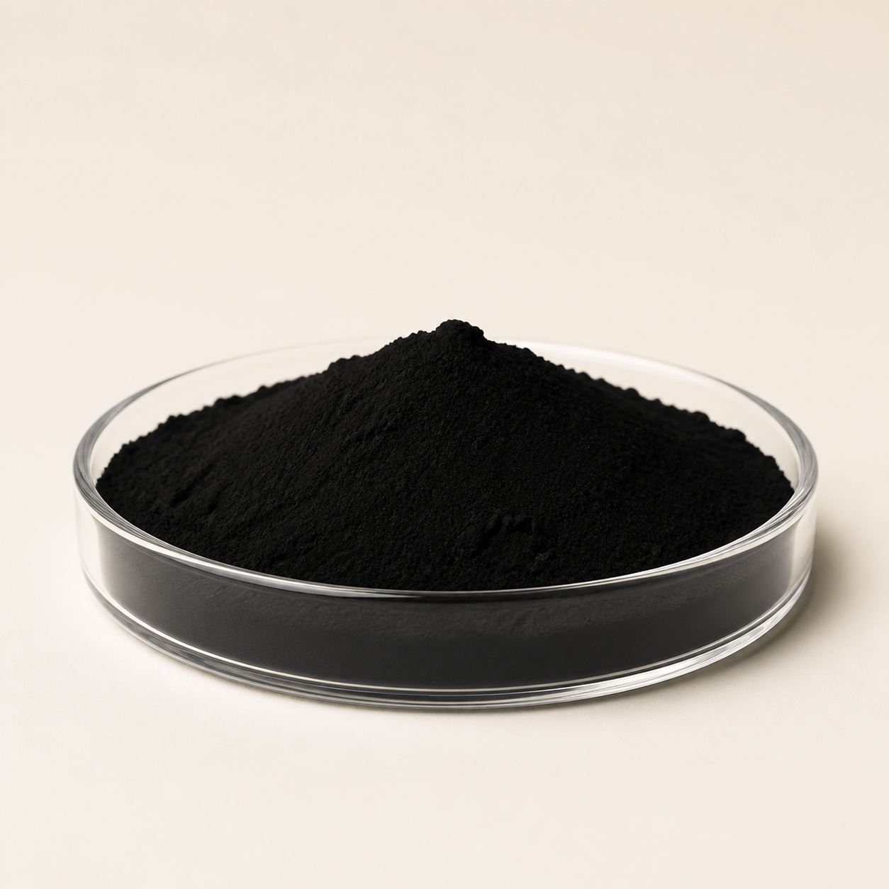 Matte black acetylene black powder in a clear glass dish on a clean neutral background.