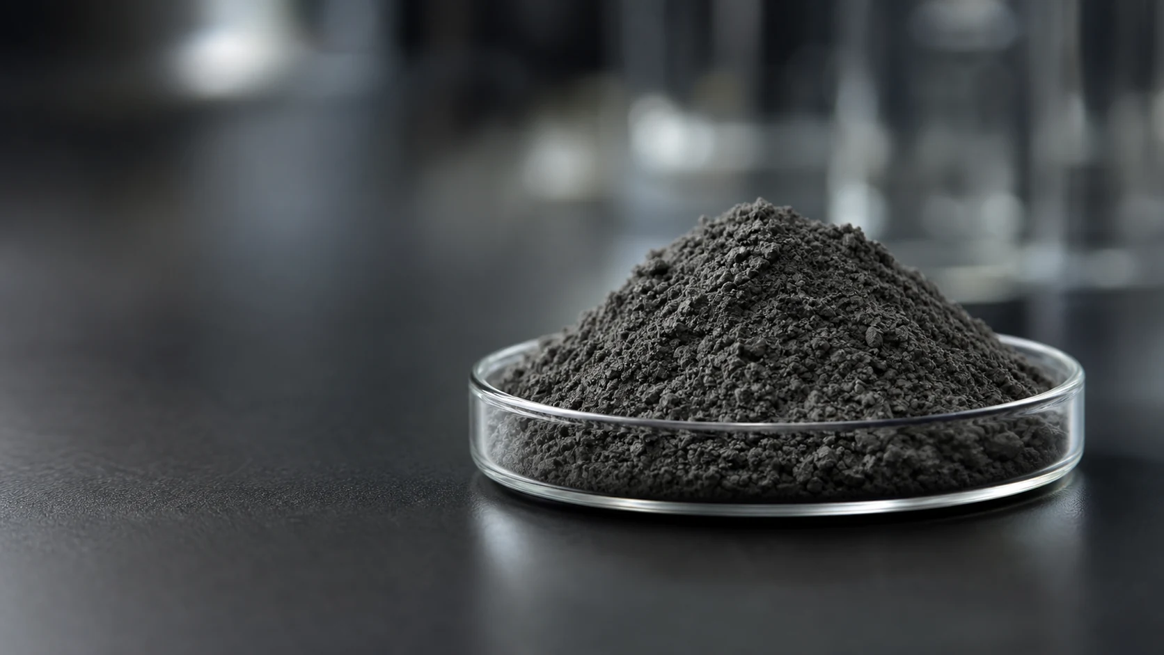 Charcoal-gray ATO powder in a clear laboratory sample dish