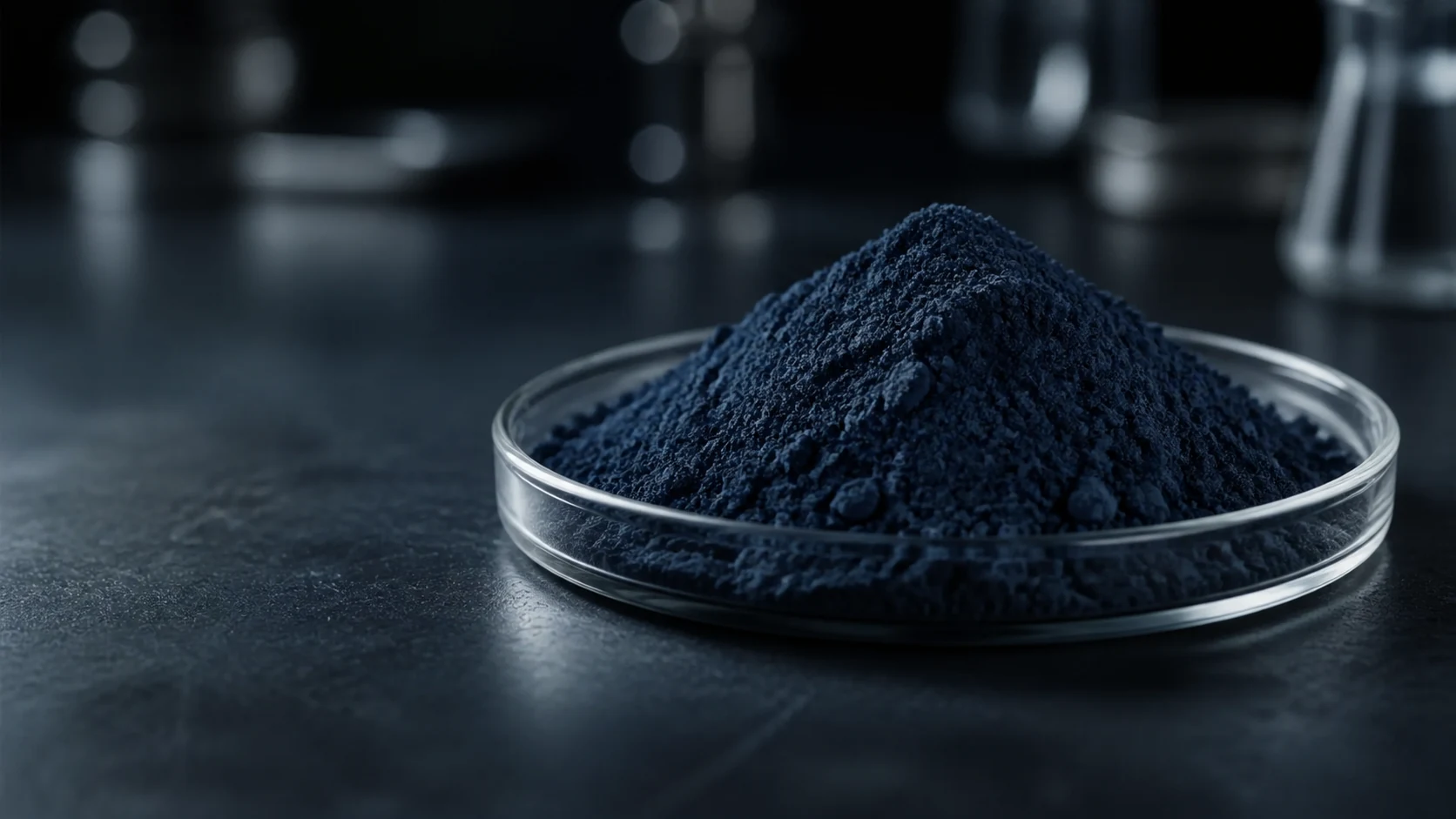 Deep blue cesium tungsten bronze powder in a clear laboratory sample dish