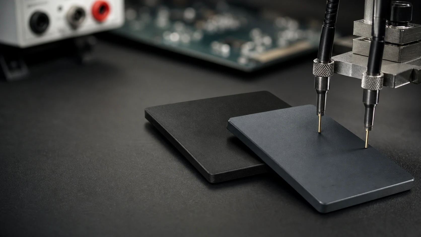 Surface-resistance probes contacting dark polymer test plaques on an ESD laboratory bench