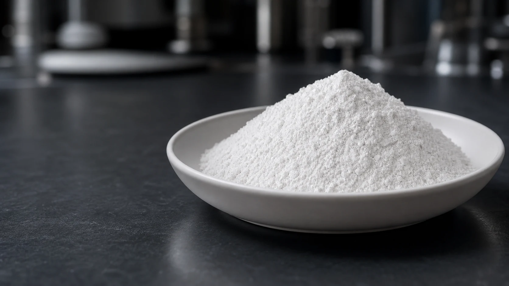 Bright white hexagonal boron nitride powder in a ceramic laboratory sample dish