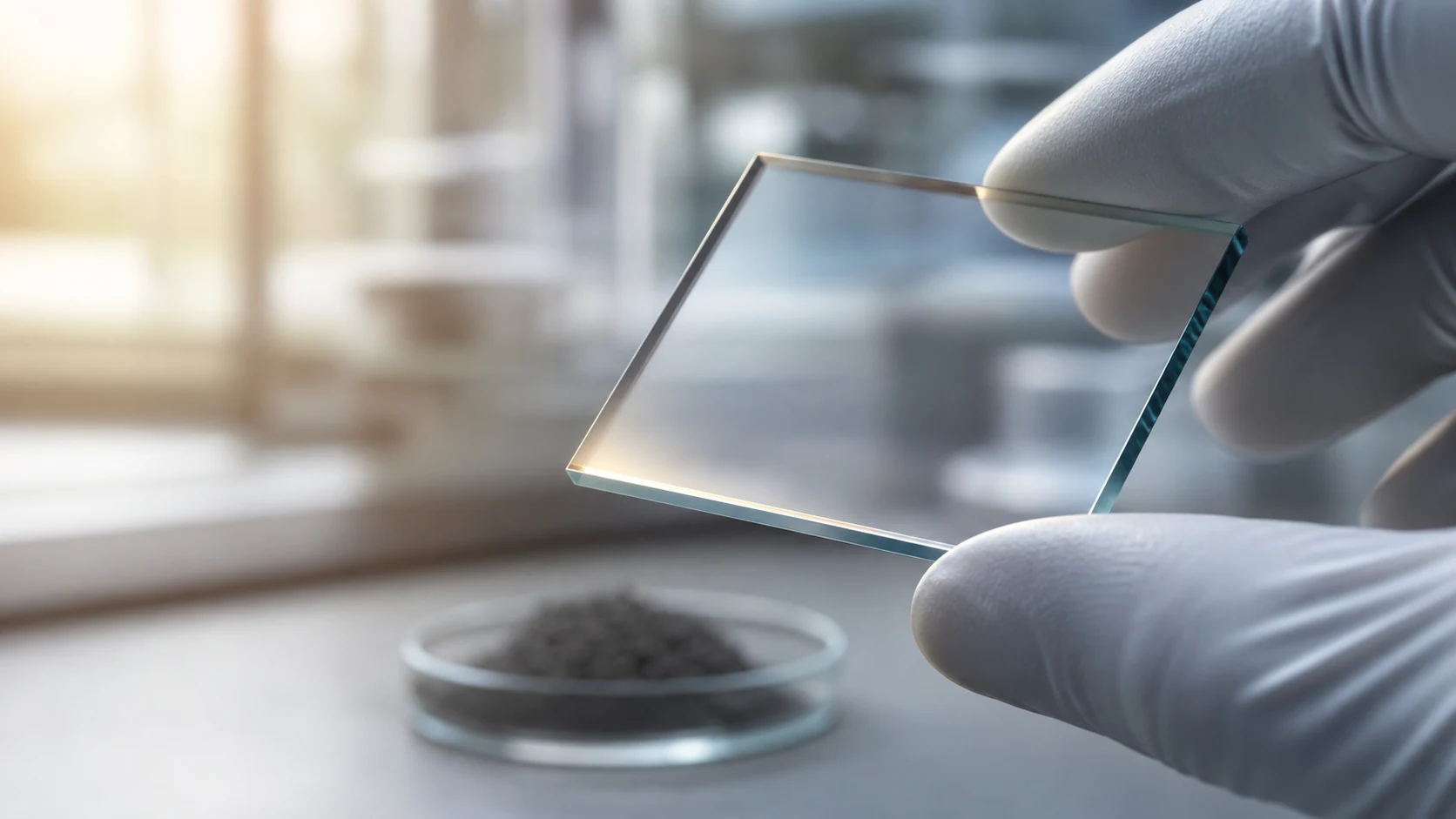 Gloved researcher holding a transparent coated glass coupon in a materials laboratory